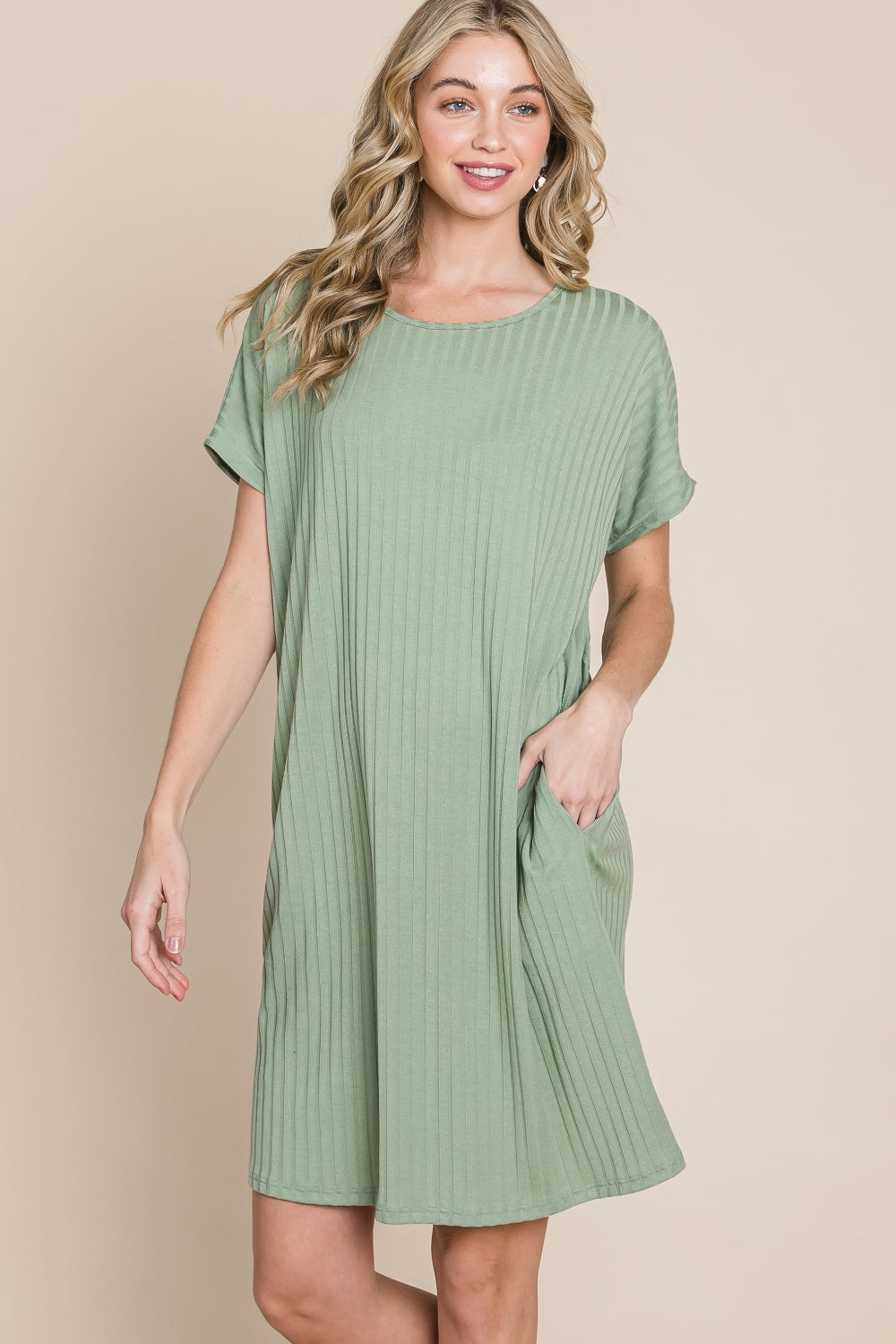 BOMBOM Ribbed Round Neck Short Sleeve Dress-0