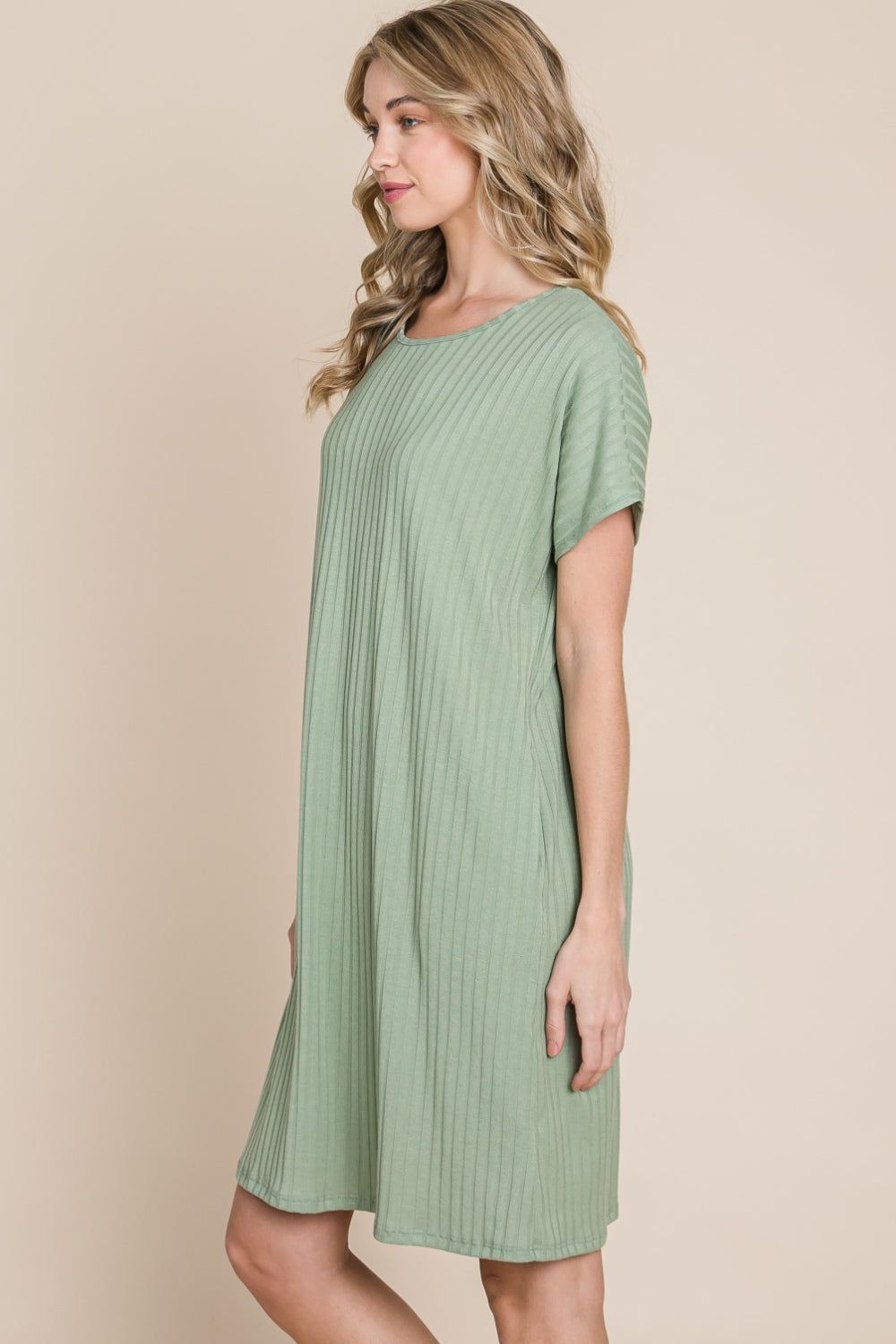 BOMBOM Ribbed Round Neck Short Sleeve Dress-3