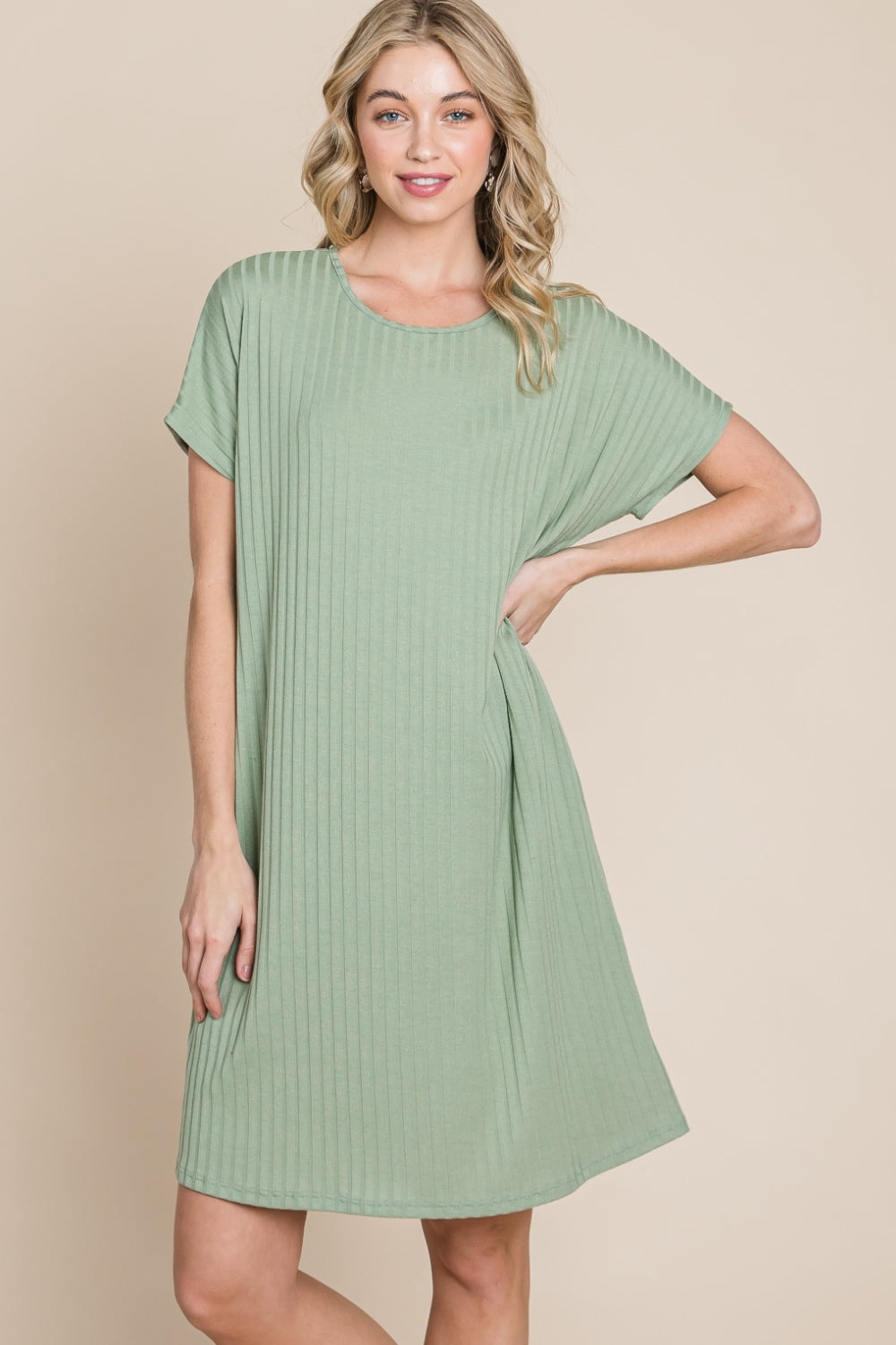 BOMBOM Ribbed Round Neck Short Sleeve Dress-2