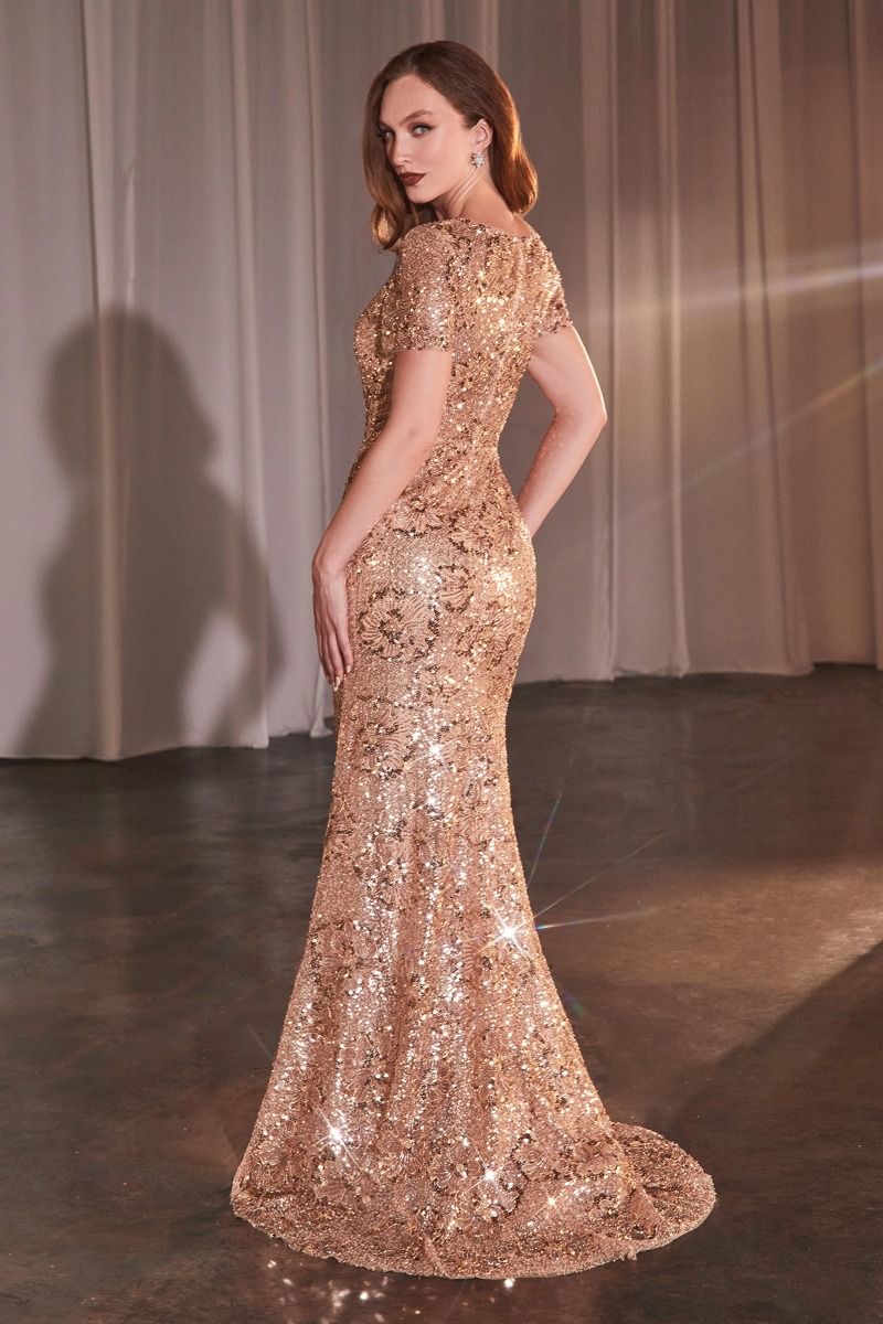 Rose Gold Floral Motif Sequin Fit & Flare Dress-1