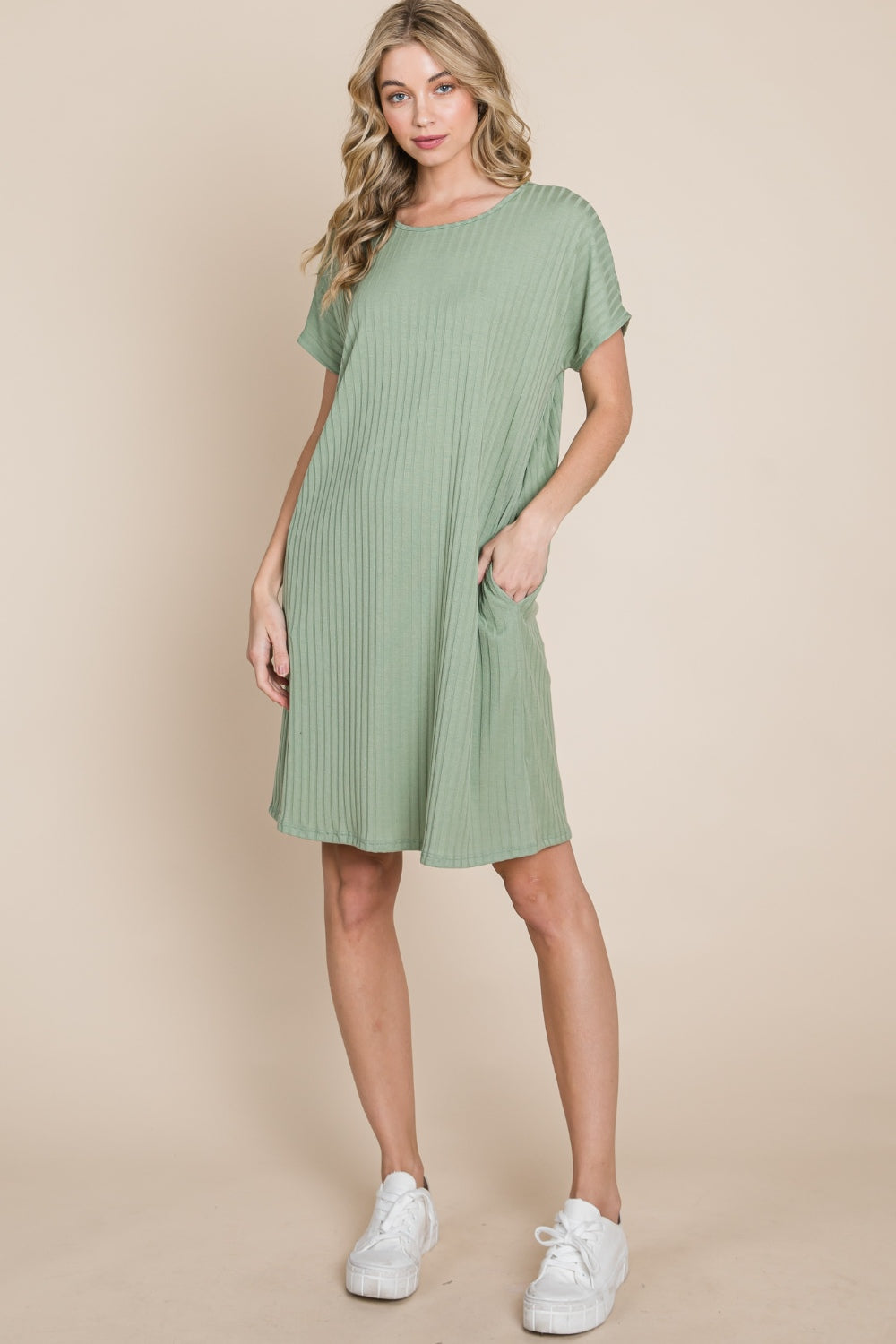 BOMBOM Ribbed Round Neck Short Sleeve Dress-4