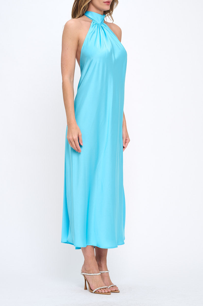 Solid Satin Halter neck Backless Midi Dress-2