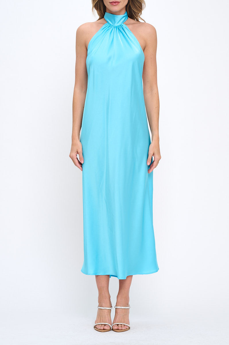 Solid Satin Halter neck Backless Midi Dress-1