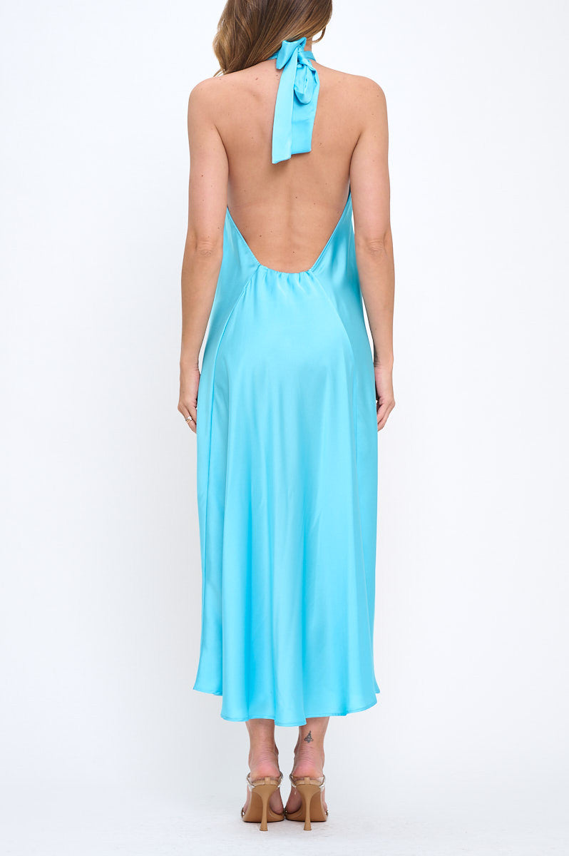 Solid Satin Halter neck Backless Midi Dress-3