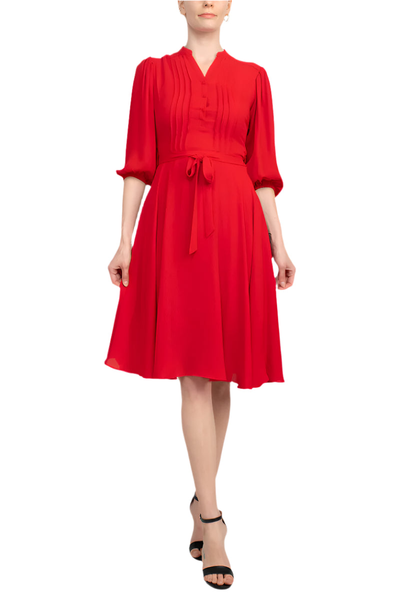 Nanette Lepore V-Neck 3/4 Sleeve Pleated Front Tie Waist A-Line Solid Crepe Dress-0
