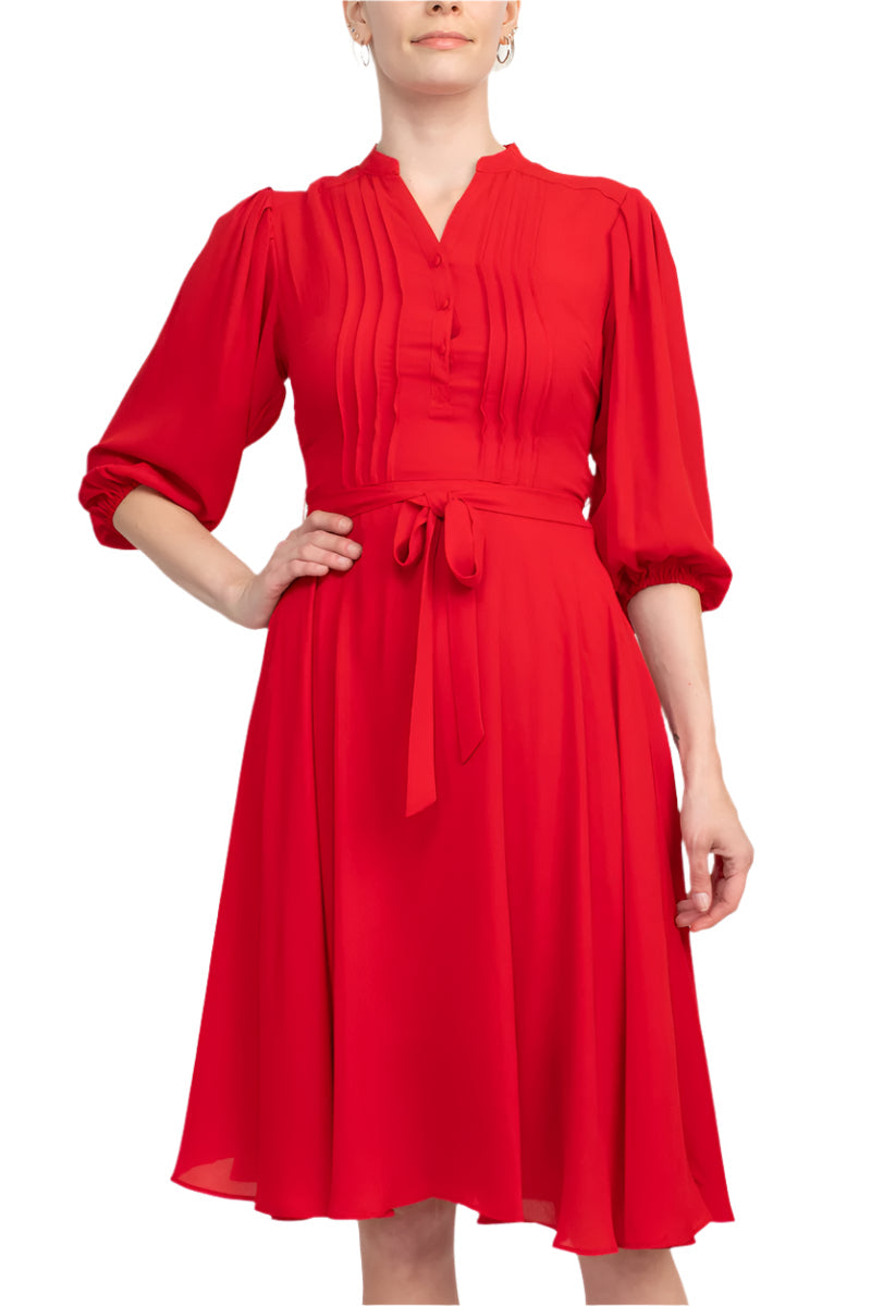 Nanette Lepore V-Neck 3/4 Sleeve Pleated Front Tie Waist A-Line Solid Crepe Dress-1