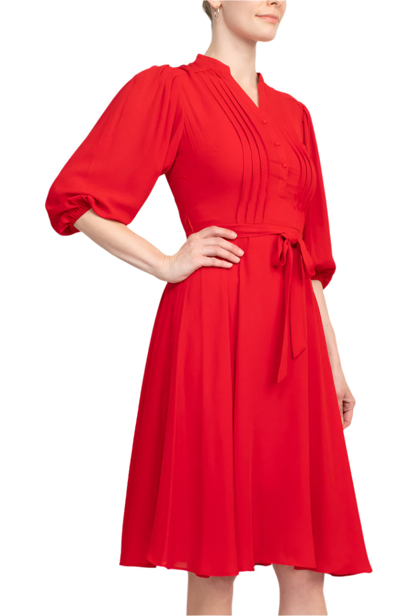 Nanette Lepore V-Neck 3/4 Sleeve Pleated Front Tie Waist A-Line Solid Crepe Dress-2