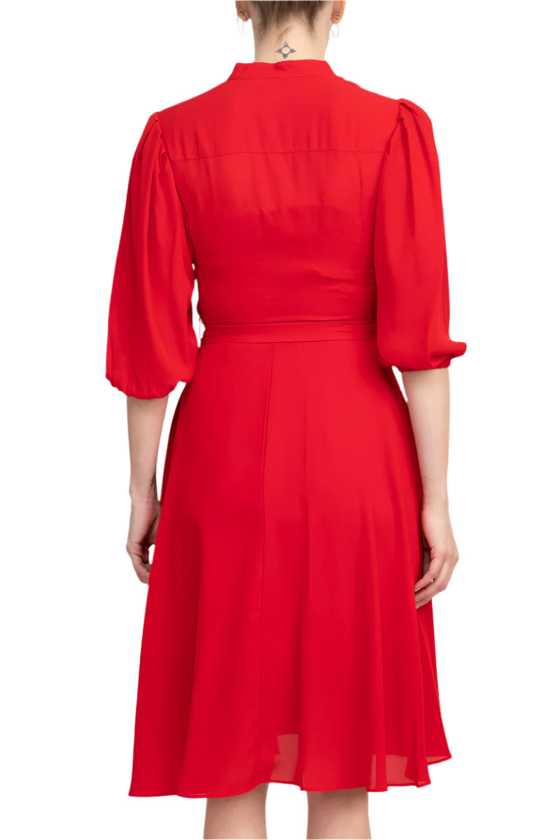 Nanette Lepore V-Neck 3/4 Sleeve Pleated Front Tie Waist A-Line Solid Crepe Dress-3