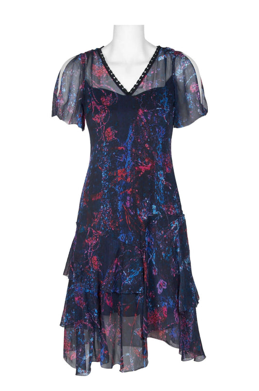Elie Tahari Embellished V-Neck Slit Short Sleeve Zipper Back Tiered Hem Silk Dress-0